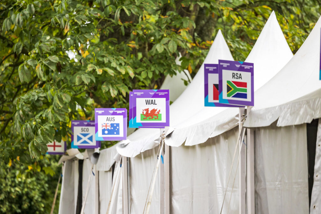 Team marquees at West Park Wolverhampton, Road Cycling Venue, Birmingham 2022 Commonwealth Games. Temporary structures and overlay provided by GL events UK