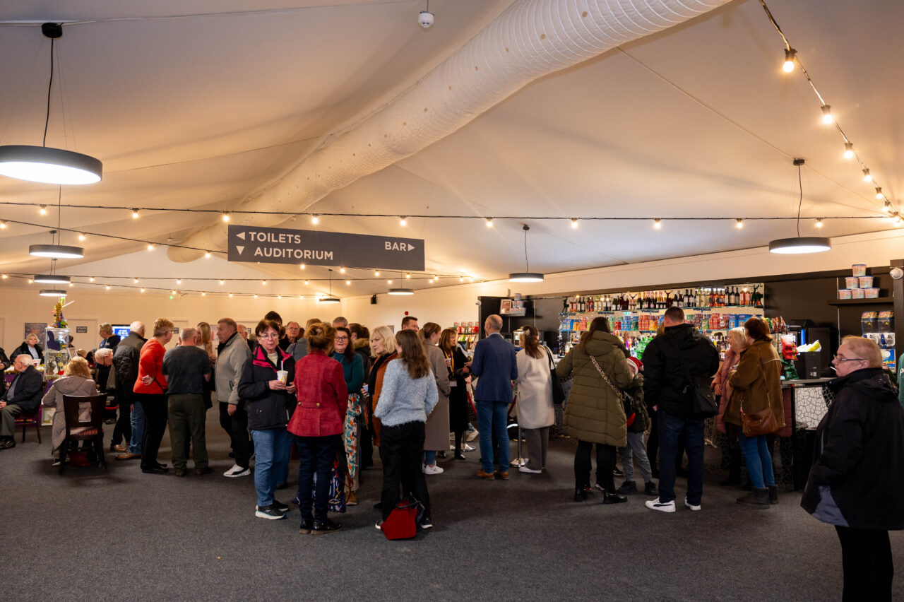 Foyer and bar area Orchard West temporary theatre. Temporary structures, seating, auditorium, stage and back of house supplied by GL events UK