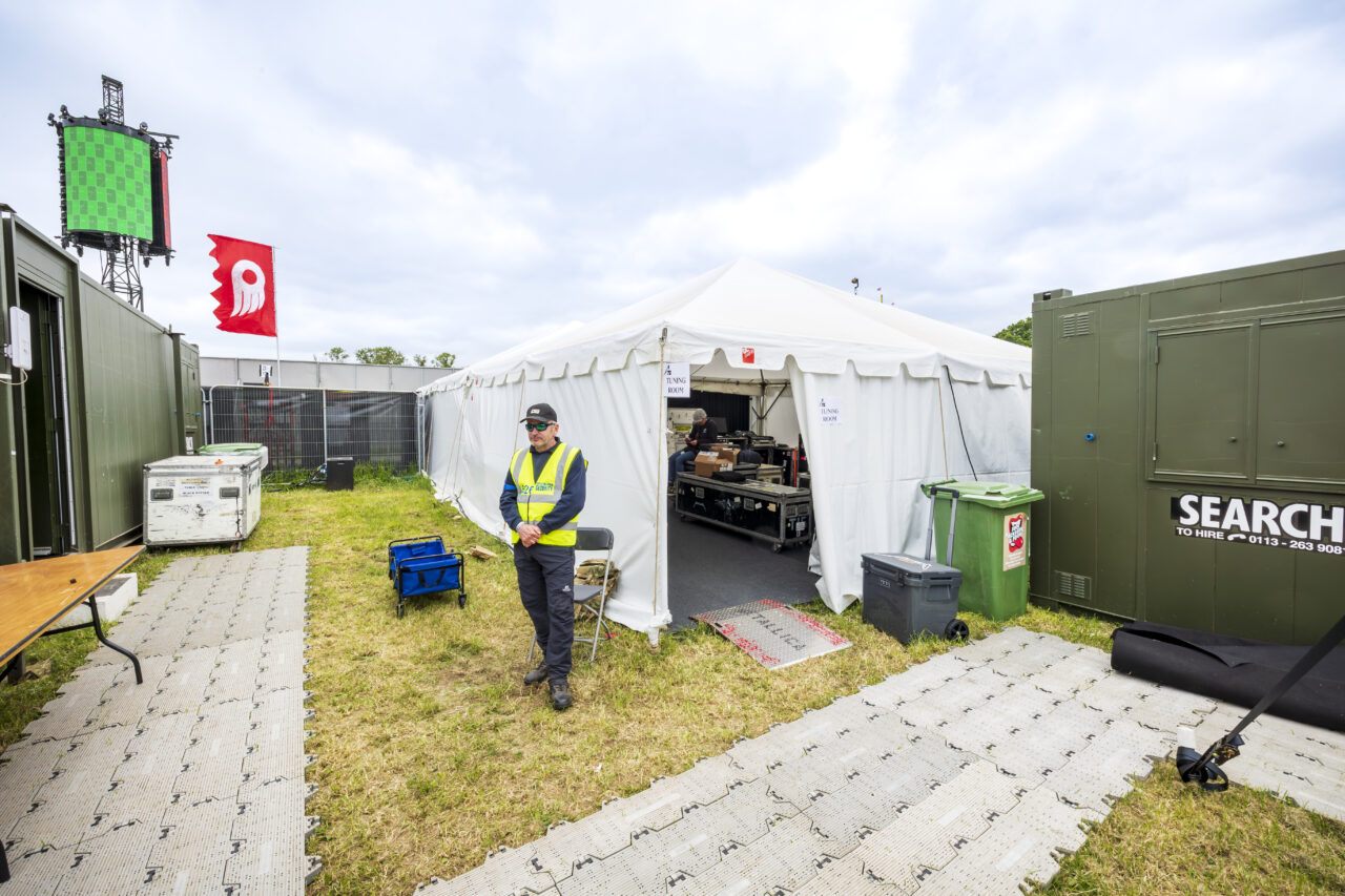 Traditional festival marquee used as backstage area for Metallica at download festival