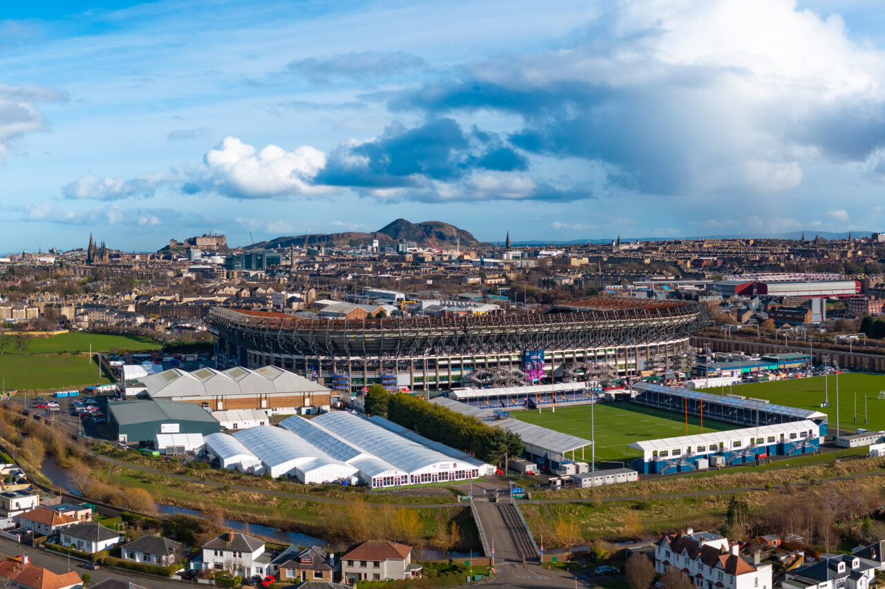 Ariel view of hospitality village at Six Nations Rugby, Murrayfield. Temporary structures provided by GL events UK and Field & Lawn