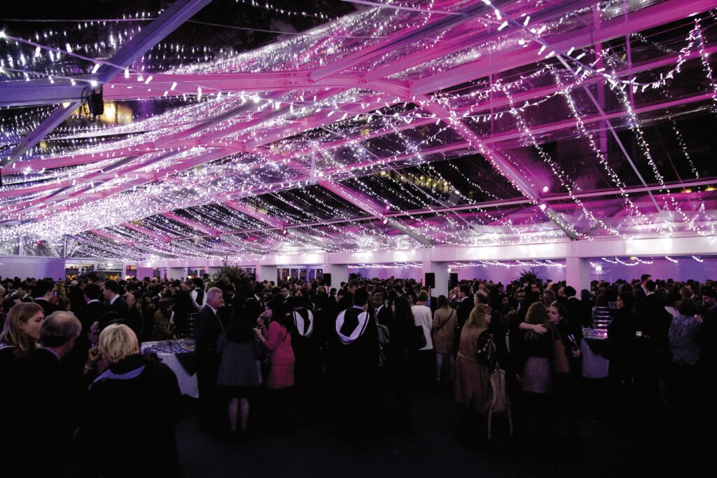 Imperial college london clear roof graduation structure at night installed by GL events UK