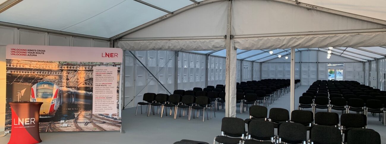 Temporary waiting room LNER Peterborough train station. Temporary structures and seating provided by GL events UK