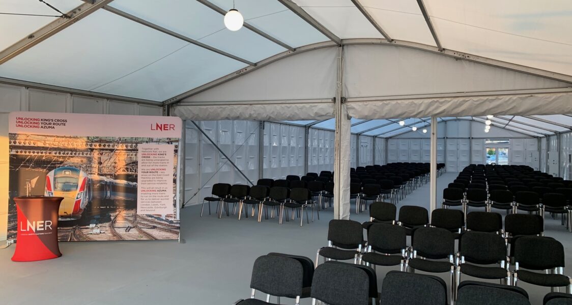 Temporary waiting room LNER Peterborough train station. Temporary structures and seating provided by GL events UK