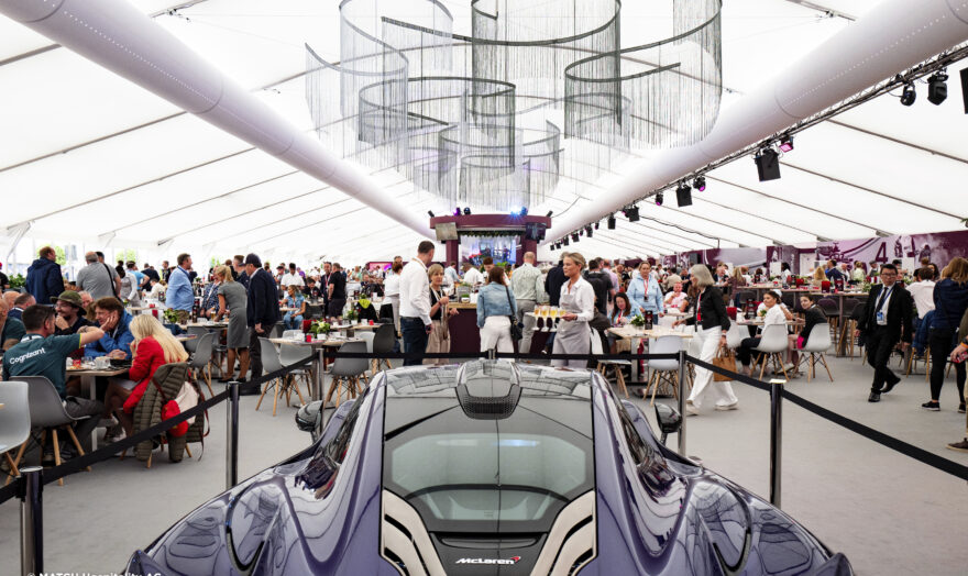 McLaren car in Match Hospitality Fusion Lounge, Silverstone F1. Temporary structures provided by GL events UK