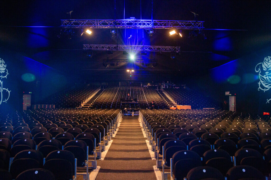 Temporary theatre at Orchard West, Dartford. Structures, staging, seating and all facilities provided by GL events UK