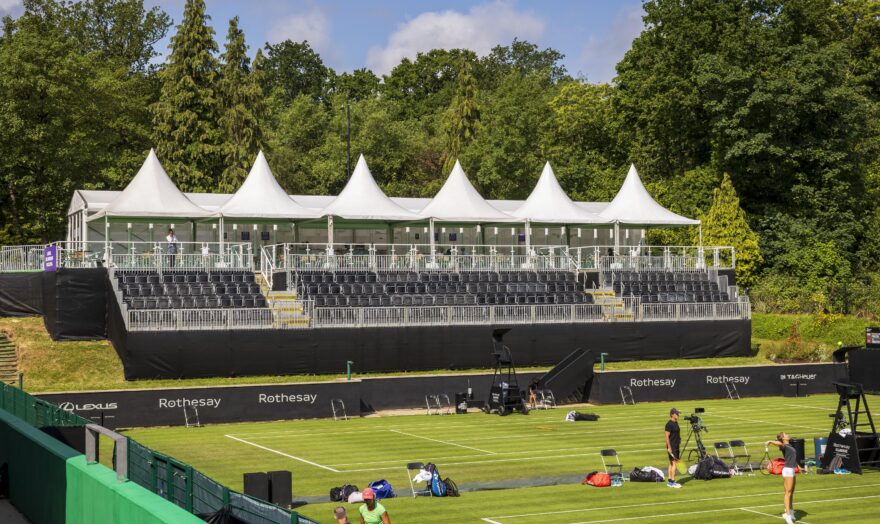 Temporary hospitality structures and temporary grandstand seating at Rothesay Classic Birmingham 2023. Supplied by GL events UK