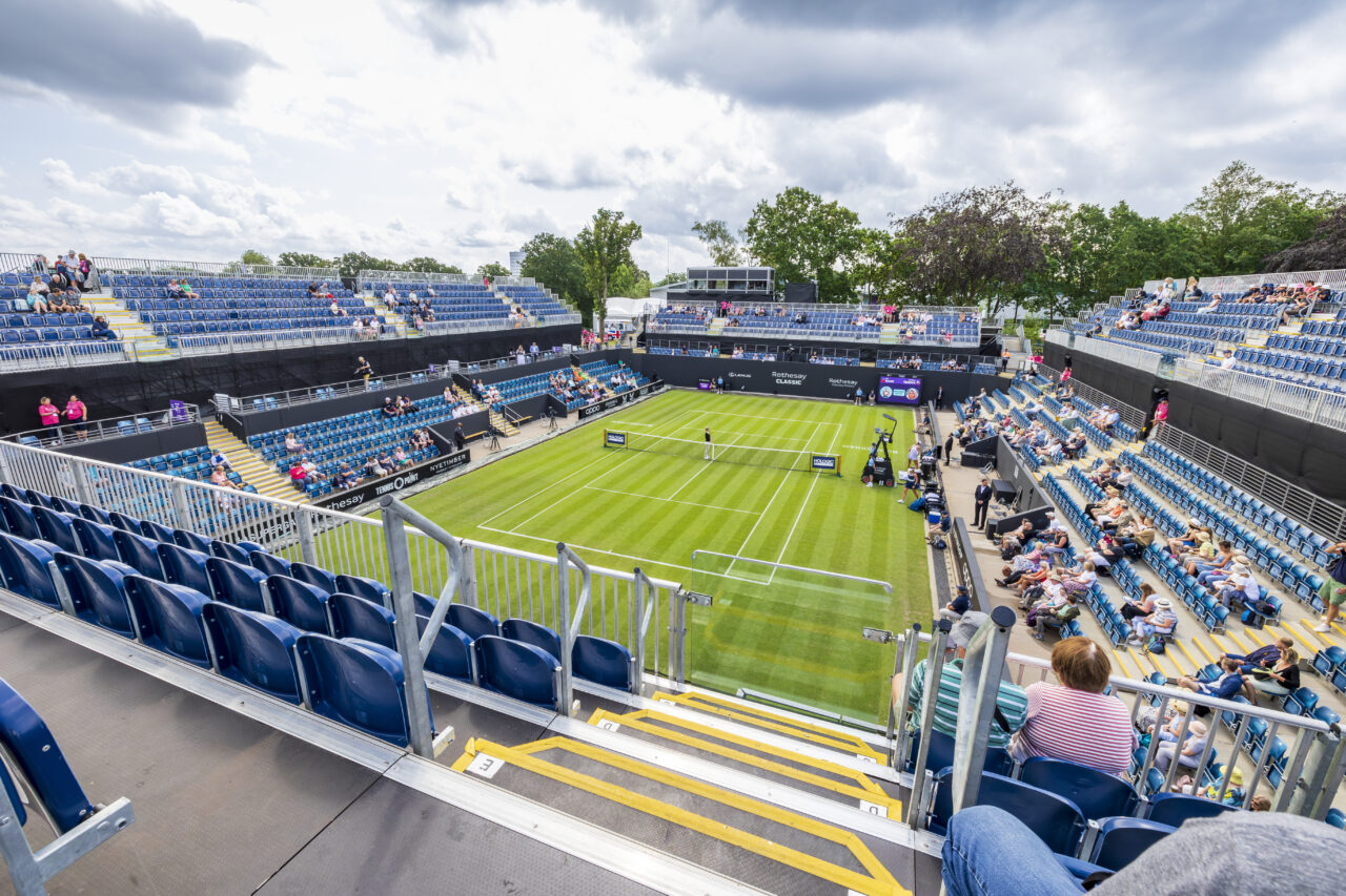 Temporary grandstand seating at Rothesay Classic Birmingham 2023, provided by GL events UK