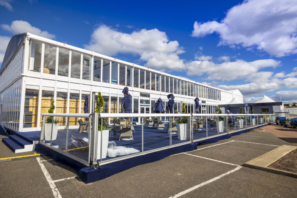 Player's Clubhouse at the 150th Open Championship, St Andrews. Temporary structure supplied by GL events UK.