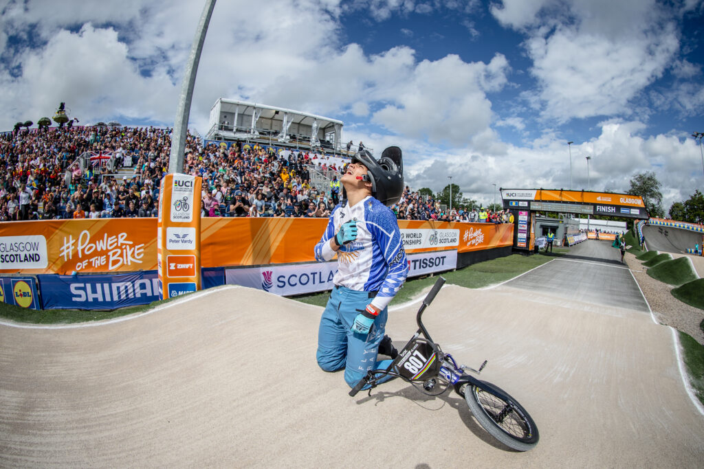 Rider at UCI Glasgow, Knightswood BMX Centre, overlay provided by GL events UK